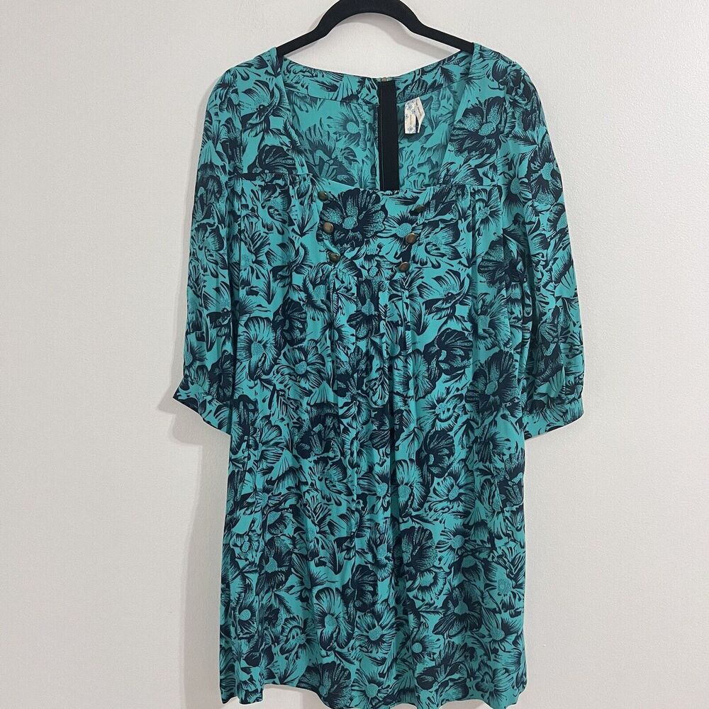 Anthropologie Maeve Green Teal Short Dress Size 4 Shift with Pocket 3/4 Sleeve
